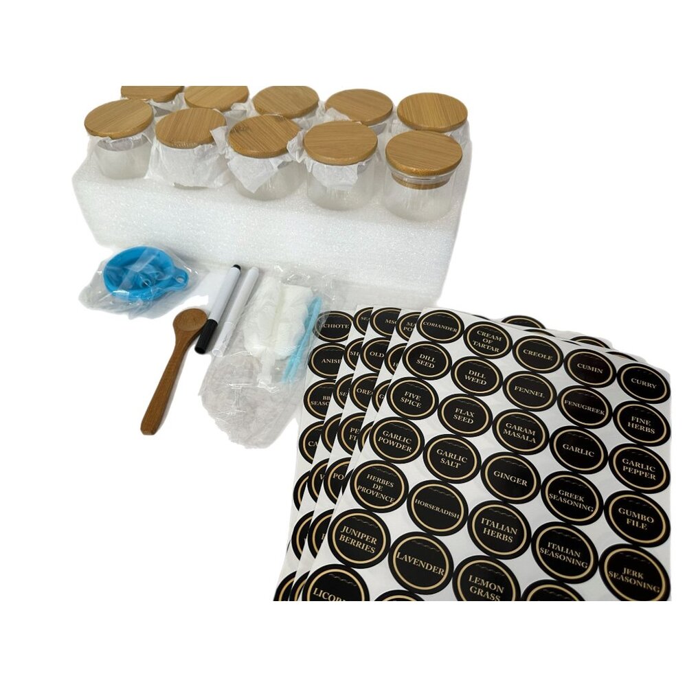 Ten (10) Glass Spice Jars with Bamboo Lids 6.5 oz Pre-Printed Labels NEW NO BOX